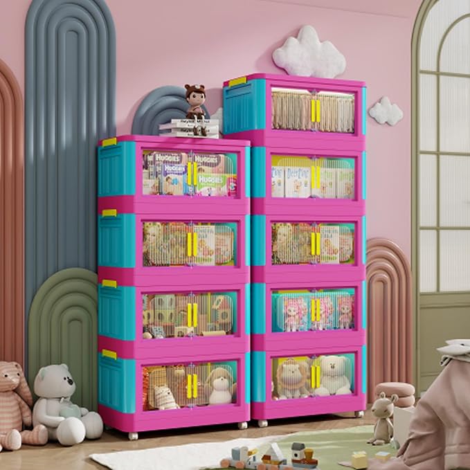 5 Tiers Folding Storage Cabinet, 20" Side Wide Collapsible Storage Bins with Doors and Wheels, Space Saving Plastic Cabinet for Living Room, Office, Dorm, Rainbow