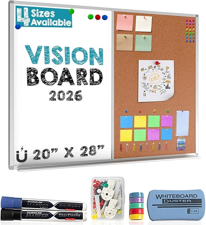 Vision Board 2025: Dry Erase Cork Board Combo Set - 20" x 28" Magnetic White Board and Cork Bulletin Combination Board, Use as Message Board, Memo Board - w/Markers, Eraser, Magnets, Push Pins