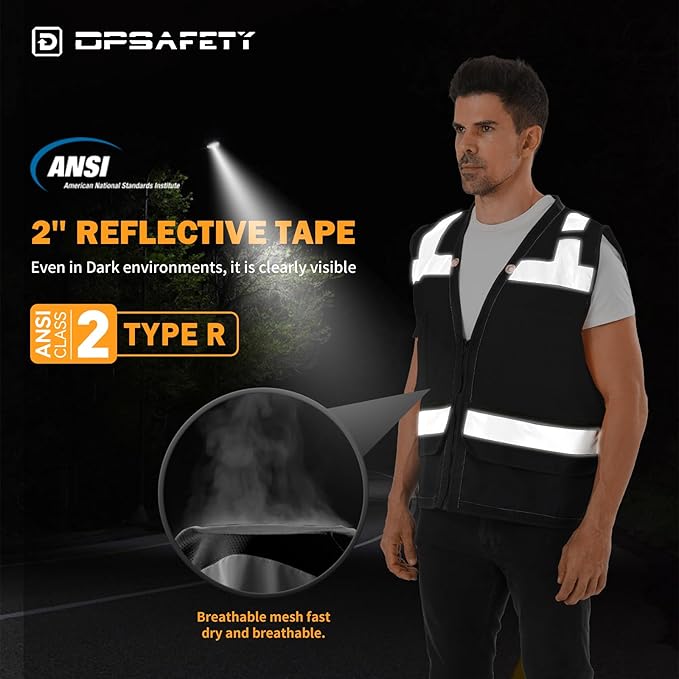 Reflective Safety vest With back plan pocket,High visibility Class 2 Heavy Duty Surveyor Vest with Zipper,Hi Vis Vest ANSI/ISEA Standard, Construction Work Vest for Men＆Women(Black,XL)