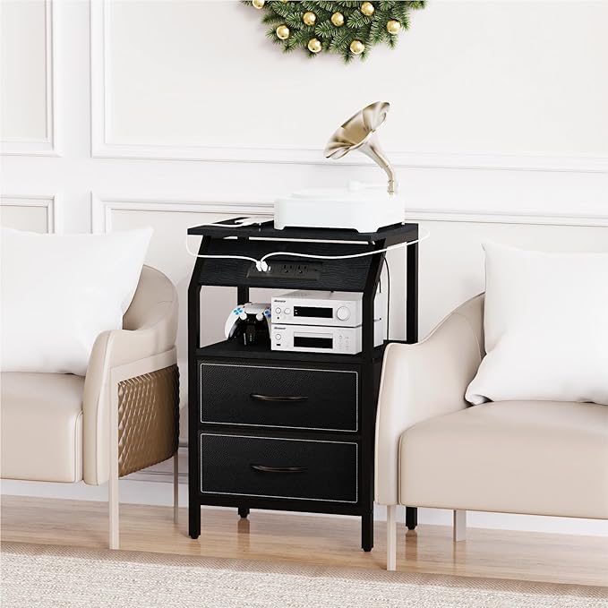 End Table with Light, LED Nightstand with 2 Drawers and Type C Charging Station, Small Fabric Dresser for Bedside, Storage Side Table for Living Room, Dorm, Black