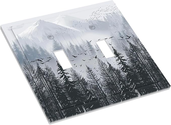 Misty Forest Nature Tree Mountain Birds Decorative Switch Plates 2 Gang Double Toggle Outlet Light Switch Cover Wall Plate Electrical Faceplate for Bed Room Living Room Decor