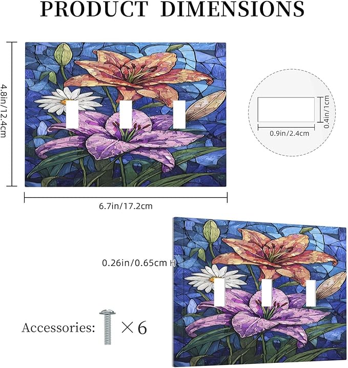 Decorative Switch Plates Vintage Colorful Flower Oil Painting Style 3 Gang Wall Plate Triple Toggle Light Switch Cover Faceplate Electrical Wall Panels for Bedroom Bathroom Decor