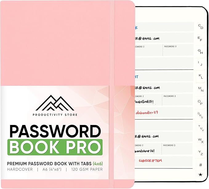 PRODUCTIVITY STORE Best Password Book With Alphabetical Tabs | Small Password Book, Organizer & Notebook | Password Keeper To Keep Website Logins & Passwords Safe | Black | Small 4x5.5