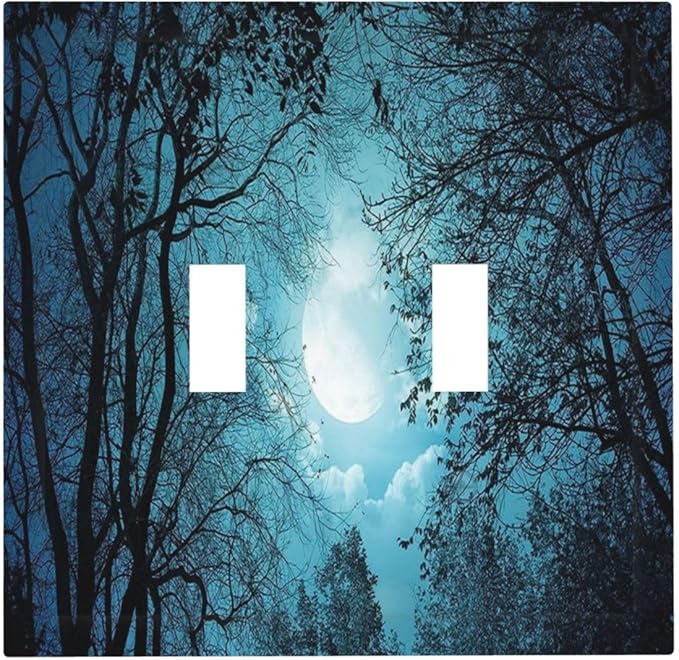 Light Switch Cover Teal Full Moon Forest 2 Gang Wall Plate Double Light Switch Plate Turquoise Toggle Decorative Outlet Covers Electrical Switchplate for Bathroom Bedroom Decor