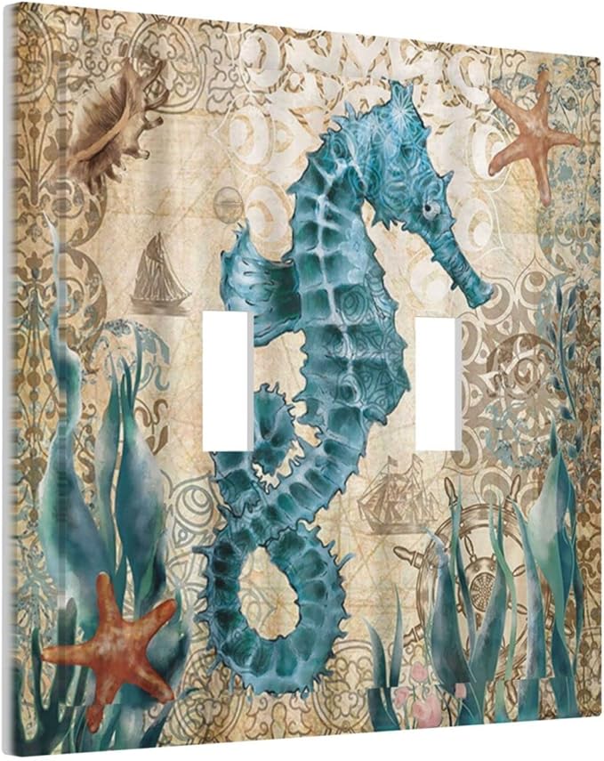 Vintage Blue Seahorse Seaweed Starfish Ocean Nautical Theme Double Toggle Light Switch Cover Decorative 2-Gang Wall Plate Cover Dual Device Electrical Switchplate Faceplate for Farm Bathroom