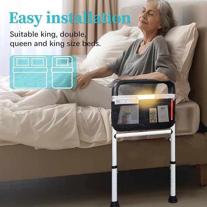 AOHHL Bed Rails for Elderly Adults Safety with Motion Light Adjustable Heights Storage Pocket Assist Support Side Railing for Seniors Slides Under Bed Guard Bed Handle Bars (White with Warm Light)