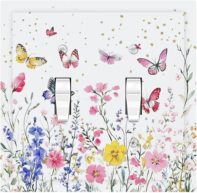 Decorative Switch Plates Watercolor Floral Butterfly Colorful Wildflower 2 Gang Double Toggle Outlet Light Switch Cover Wall Plate Electrical Faceplate For Bed Room Living Room Decor