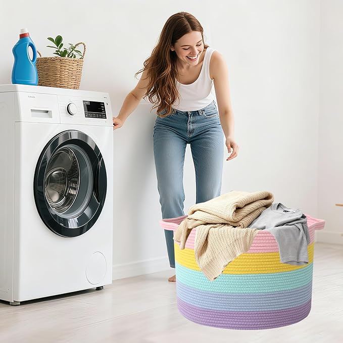 Large Storage Basket with Handle,19.7" L x 19.7" W x 13" H Blanket Basket Storage Bins for Organizing,65L Cotton Rope Woven Baskets for Living Room, Nursery ,Bedroom,Colorful