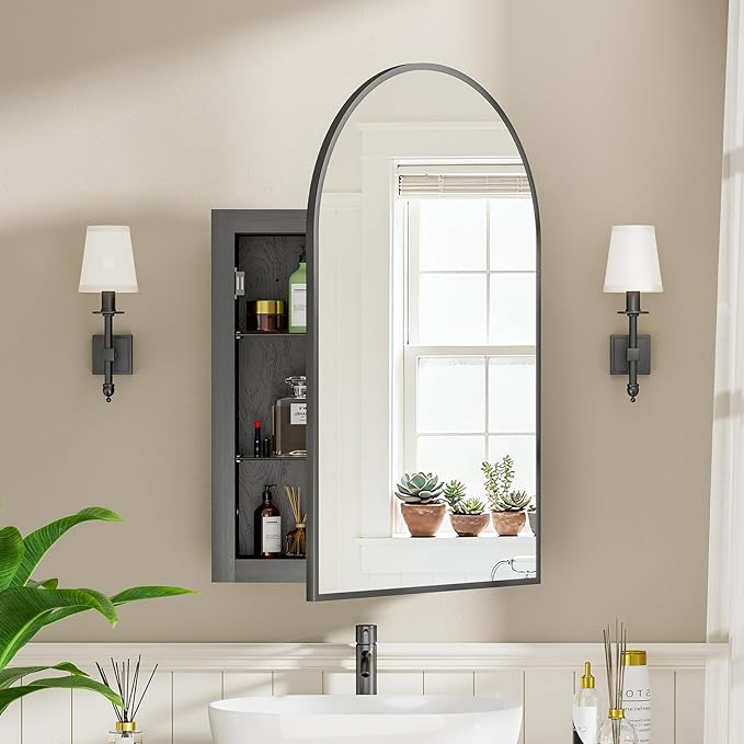 Recessed Medicine Cabinet for Bathroom,Brushed Black Arched Medicine Cabinet with Mirror,Arch Mirrored Medicine Cabinets Recessed,Bathroom Mirror with Storage,Open from Left to Right 20x30