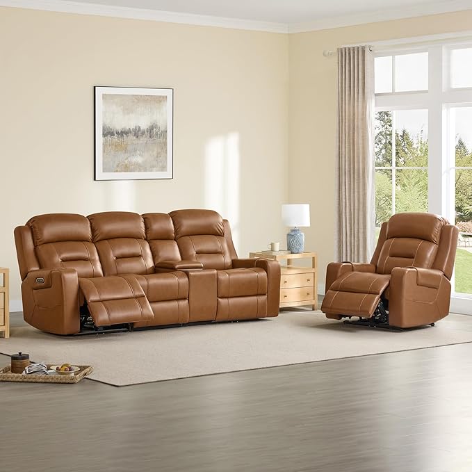 Watson & Whitely Genuine Leather Power Recliner Chairs for Adults, Lay Flat Recliner with Power Headrest, USB Ports and Cup Holders, Electric Reclining Sofa for Living Room, Bedroom, Saddle Brown