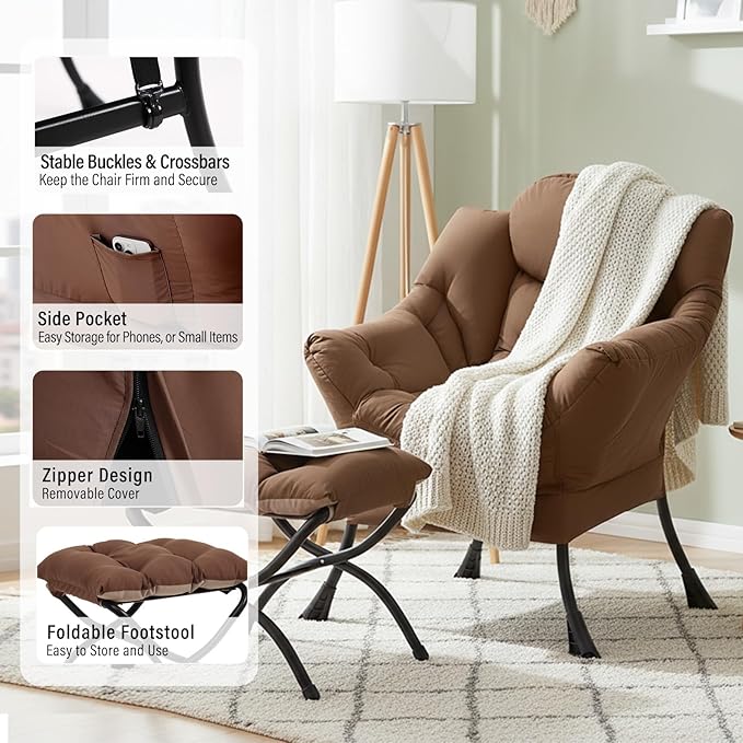 Lazy Chair with Ottoman, Modern Chair with Folding Footrest, Lounge Accent Chair, Comfortable Reading Chair (Dark Brown)