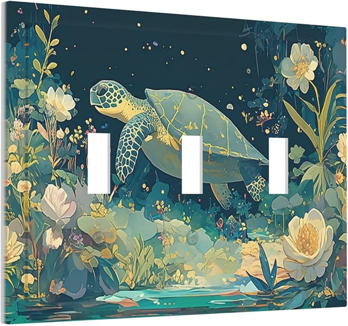 Decorative Switch Plates Fantasy Sea World Sea Turtle Floral Plant 3 Gang Wall Plate Triple Toggle Light Switch Cover Faceplate Electrical Wall Panels for Kids Room Nursery Decor