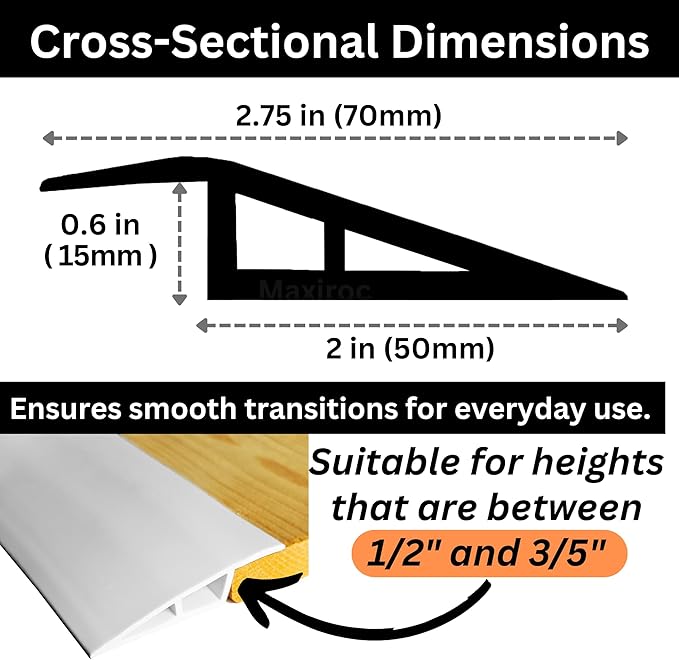 1/2" to 3/5" Height Threshold Ramp - Rubber Threshold, Floor Transition Strip, Wheelchair Ramp, Door Strip, Carpet to Tile Strip (White, 40 inches)