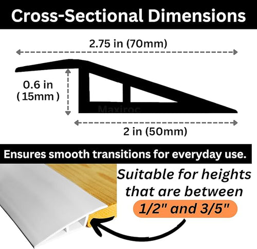 1/2" to 3/5" Height Threshold Ramp - Rubber Threshold, Floor Transition Strip, Wheelchair Ramp, Door Strip, Carpet to Tile Strip (White, 40 inches)