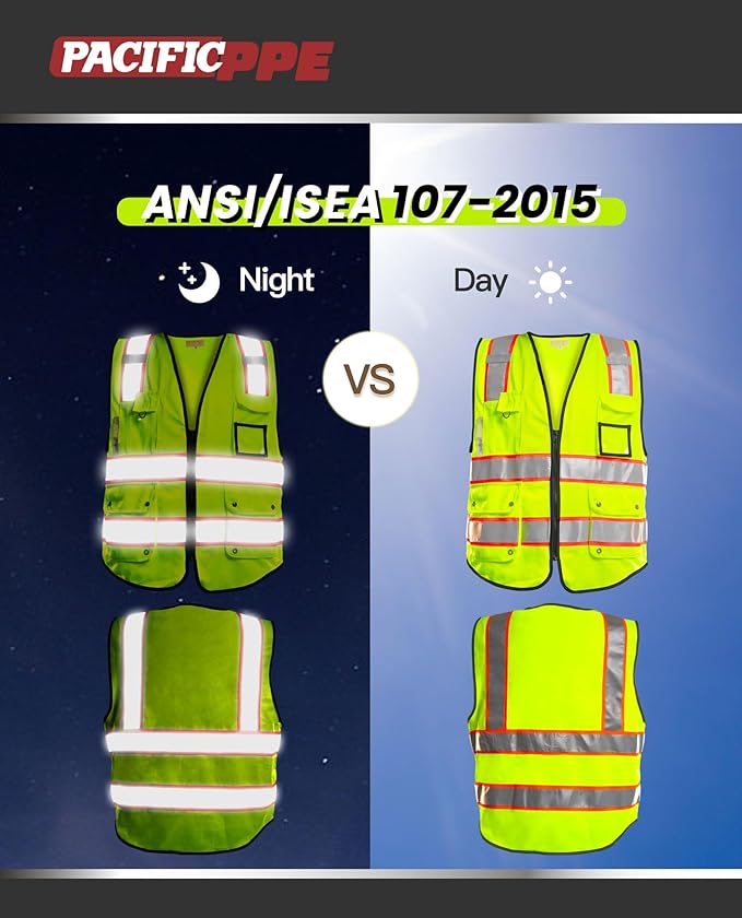 PACIFIC 10 Pockets Safety Vest for Men, 3M High Visibility Reflective Strips with Pockets and Zipper, ANSI Class 2, Yellow, Large