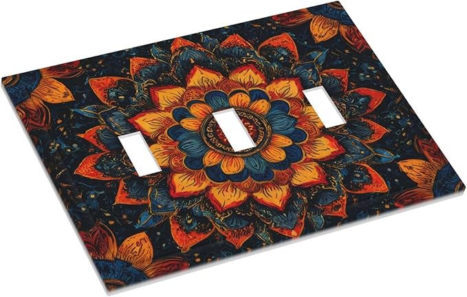 Colorful Oriental Floral Blooming Mandala Flower Triple Toggle Light Switch Covers Decorative 3 Gang Wall Plate Covers 3 Hole Electrical Device Switchplate Dimmer Faceplate for Bathroom Decor
