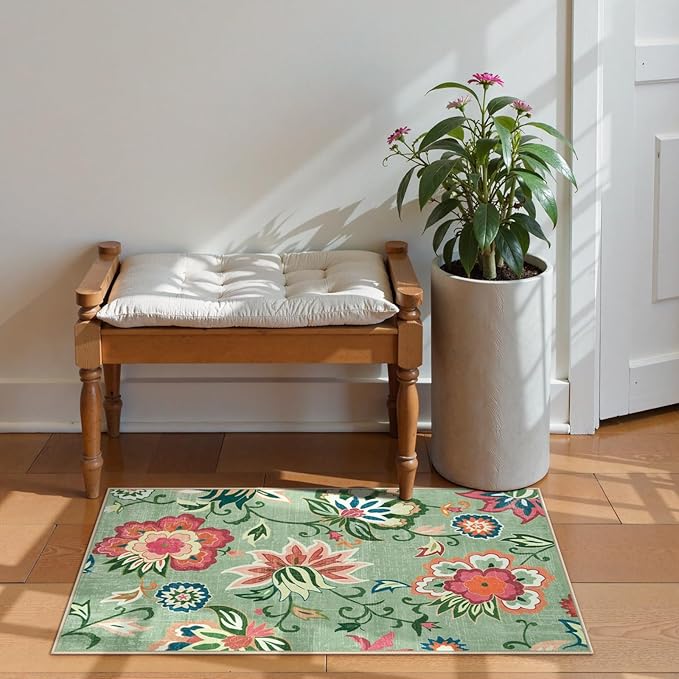Beeiva Floral 2x3 Washable Rug Non Slip, Ultra Thin Door Mat Indoor Entrance for Kitchen, Non Shedding Green Rug Carpet Entry Way Bedroom Beside Bathroom (Light Green,2'x3')