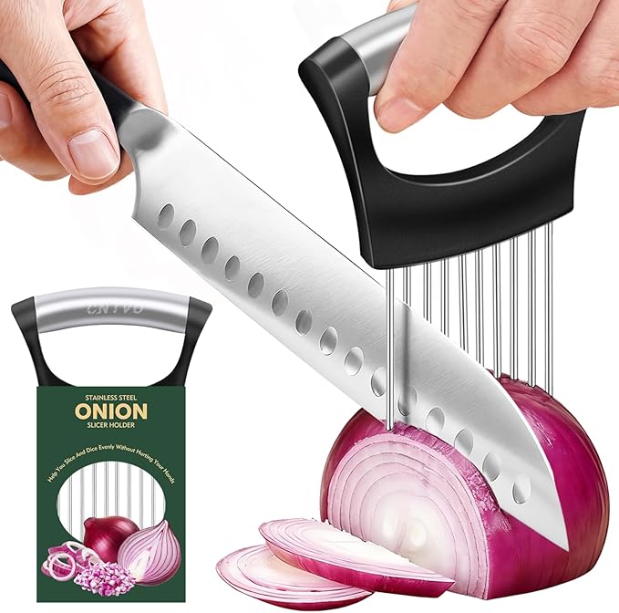 Onion Holder for Slicing, Stainless Steel Onion Slicer, Onions Slicer Holder with Protective Cover, Multi-Use Vegetable Chopper for Onions Tomatoes Avocados Potato Eggs Kiwifruit Meat Lemon