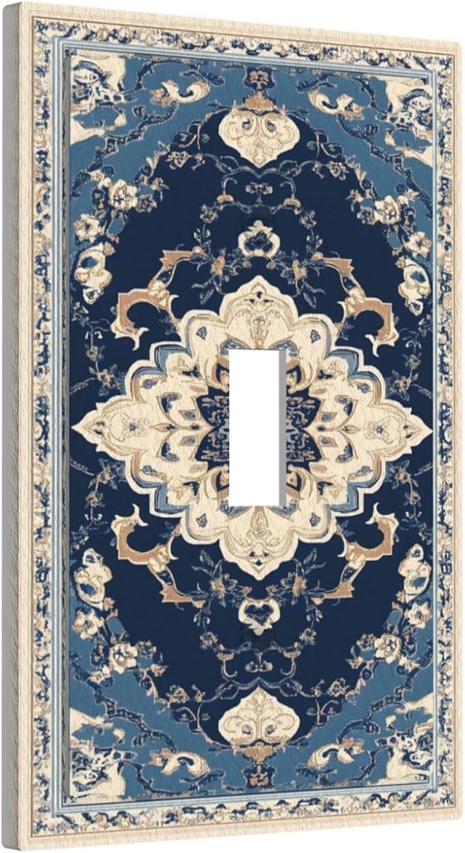 Decorative Light Switch Covers Boho Beige Navy Blue Medallion 1 Gang Light Switch Cover Plate Single Toggle Wall Plate Outlet Covers Wall Plate Dimmer Faceplate for Country Bathroom Bedroom