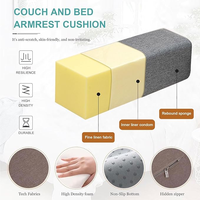 Couch Arm Rest Pillow, High Density Foam Armrest Cushion Removable Pillowcase Washable Elbow Support, Thicken High Density Foam Pad for Recliner Sofa, Bed, Armchair(Light blue,37.4X7.1X7.1in)