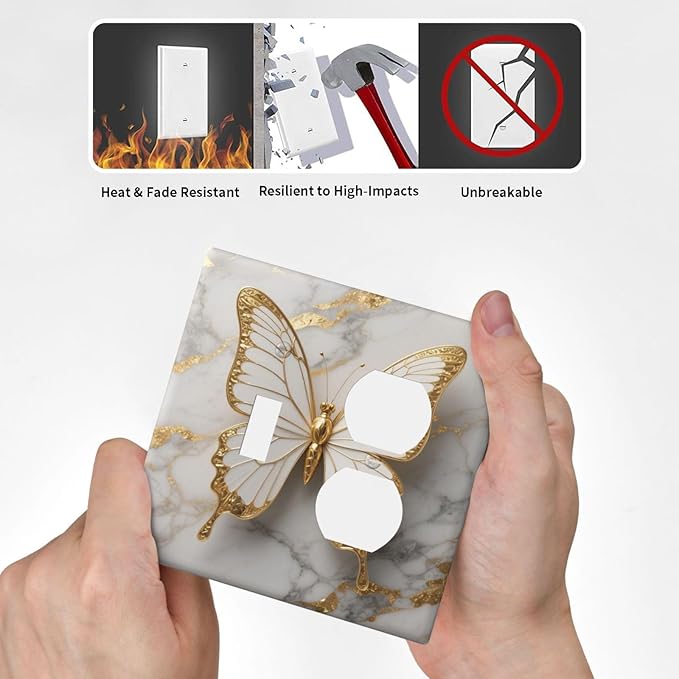 Gold Marble Shine Butterfly Abstract Modern Print Wallplates 1 Toggle 1 Duplex Switch Plate Electrical GFCI Faceplate Decorative Light Switch Covers for Bed Room Bathroom Decor