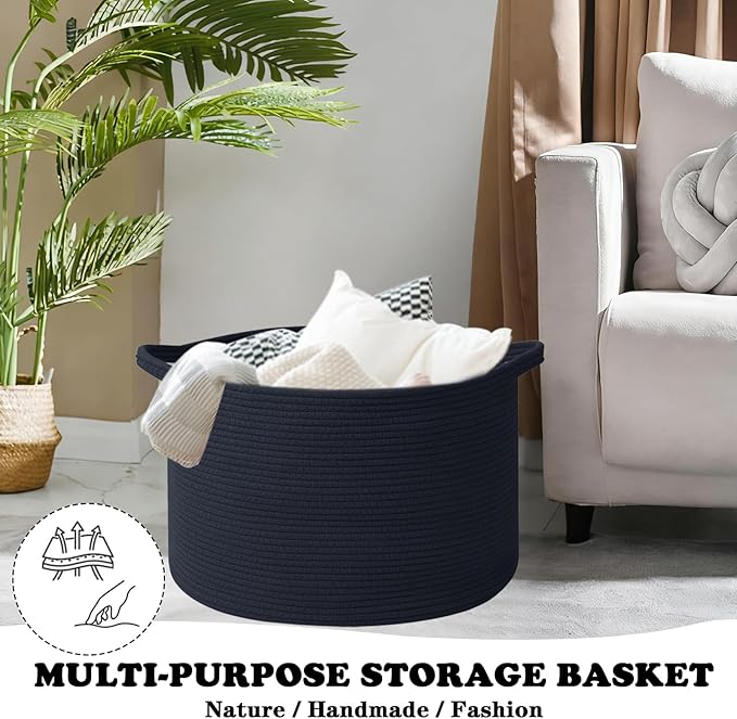 Large Storage Basket with Handle,23.6" x 23.6" x 15.7" Blanket Basket Storage Bins for Organizing,65L Cotton Rope Woven Baskets for Living Room, Nursery,Bedroom,Navy