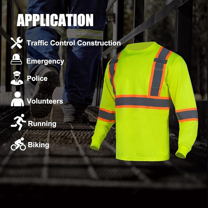 FONIRRA Hi Vis Shirts for Men Reflective ANSI Class 2 Safety Long Sleeve High Visibility Work Construction T Shirts