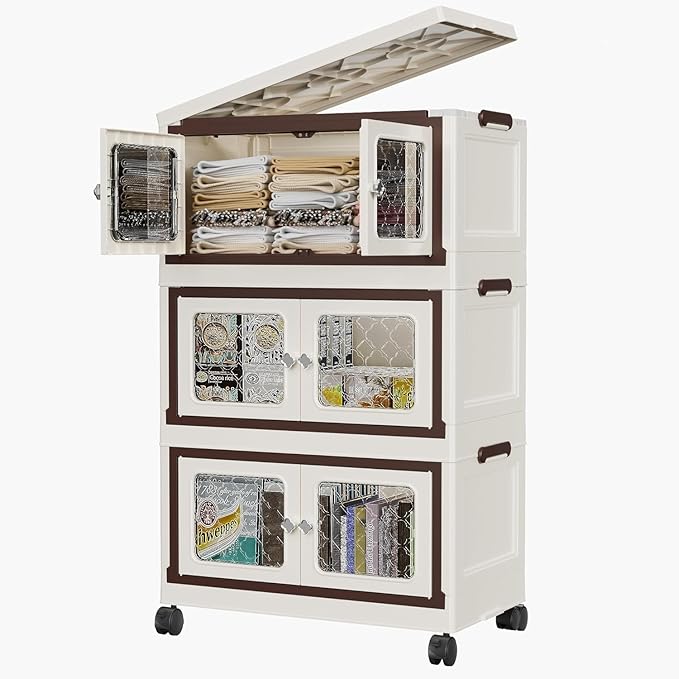 SunSettler Stackable Storage Bins with Lids, Folding Storage Cabinets with Doors and Wheels, Collapsible Plastic Storage Bins for Closets, Stackable Storage Organizer(Transparent, 3-Tier)
