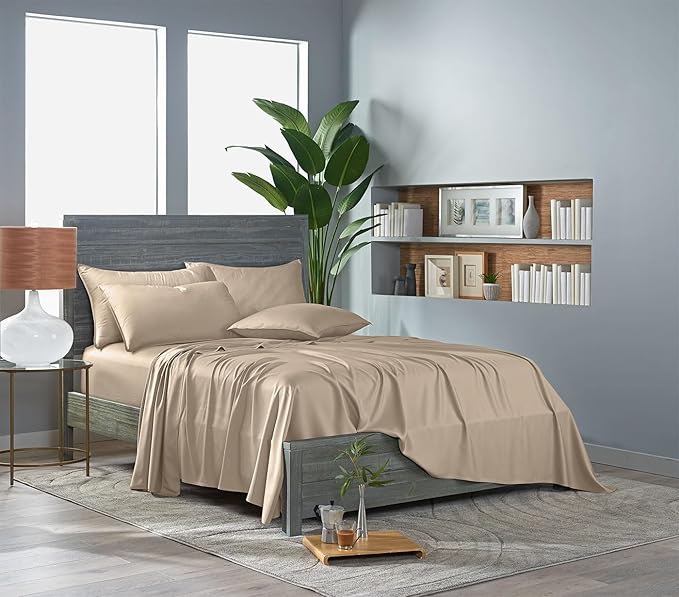 Pure Bamboo Queen Sheets, Genuine 100% Organic Viscose Derived from Bamboo Bed Sheet Set, Luxuriously Soft & Cooling, Double Stitching, 2 Year Quality Promise (Queen, Almond)