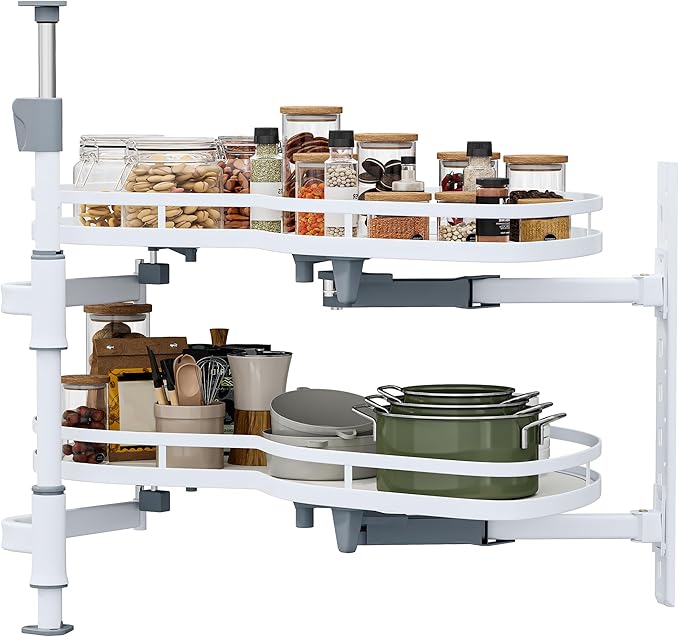 DWVO Corner Cabinet Organizer, 2-Tier Blind Corner Pull Out with 270° Rotating Shelf, Right Swing Tray, Heavy-Duty Iron, Easy-Install Template, 32.7"x17.3"x21.3", White