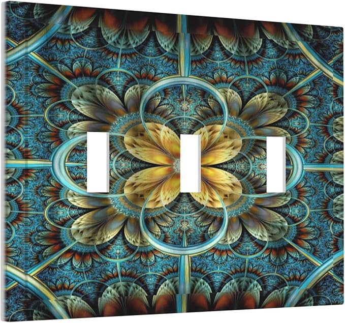 Light Switch Cover Boho Fractal Mandala 3 Gang Wall Plate Triple Light Switch Plate Bohemia Toggle Decorative Outlet Covers Electrical Switchplate for Bathroom Bedroom Decor