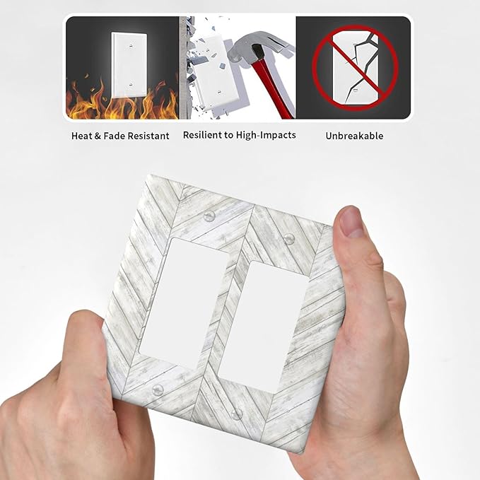 Rustic White Gray Herringbone Wood 2 Gang Rocker Decora Light Switch Cover Decorative Vintage Country Outlet Covers Wall Plate Electrical Faceplate Switchcovers GFCI for Farmhouse Living Room Decor
