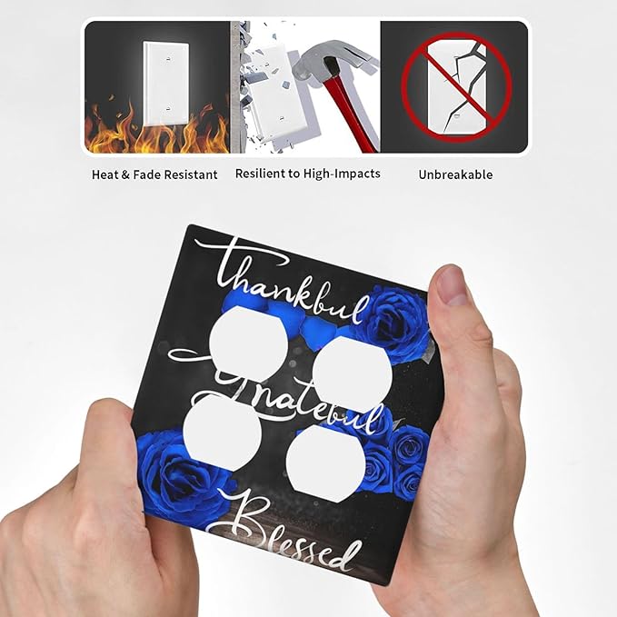 Decorative Light Switch Cover Plate Blue Rose Thankful Grateful Blessed 2 Gang Socket Covers Double Duplex Wallplates Switch Plates and Outlet Covers for Bedroom Bathroom Decor