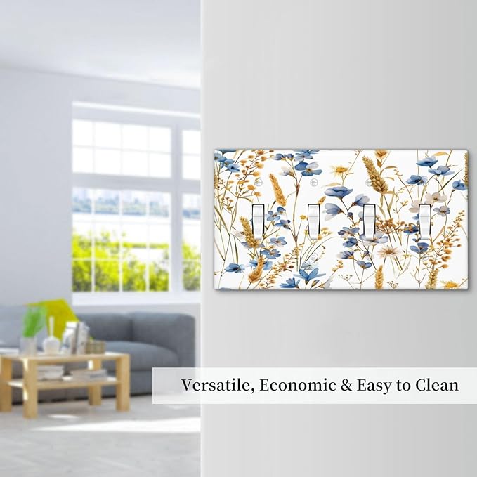 Vintage Wildflower Blue Gold Country Fall Wheat Floral Light Switch Covers Quad Toggle Electrical Faceplate 4 Gang Wall Plate Decorative Switch Plates Cover for Bedroom Living Room Decor