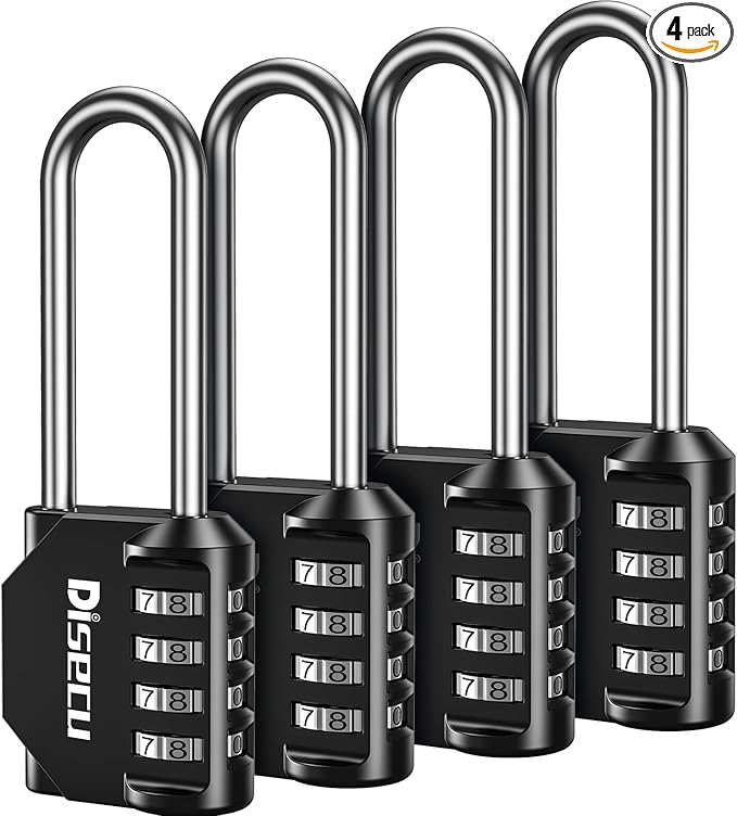 4 Pack disecu 2.6 Inch Long Shackle Combination Lock, 4 Digit Outdoor Waterproof Padlock for School Locker, Gym Locker, Storage Unit, Gate, Fence, Toolbox, Cabinet (Black)