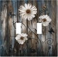Rustic Wood Background Floral Butterfly Daisy Decorative Switch Plates 2 Gang Double Toggle Outlet Light Switch Cover Wall Plate Electrical Faceplate for Farmhouse Bedroom Decor