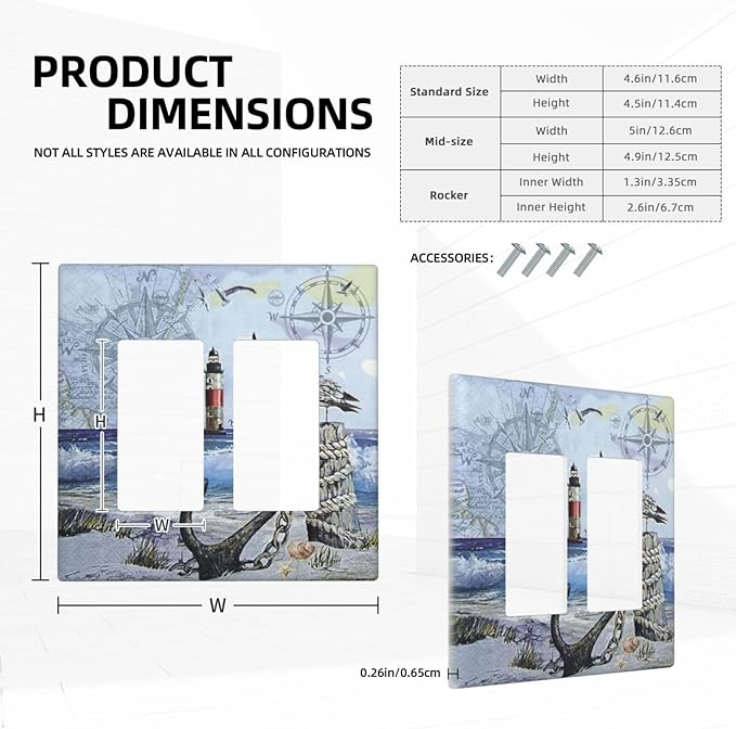 Outlet Covers Sea Ocean Sand Coast Compass Ship Lighthouse Anchor 2 Gang Wall Plate Double Rocker Light Switch Cover Decorative GFCI Receptacle Cover Electrical Switchplate for Bathroom Decor