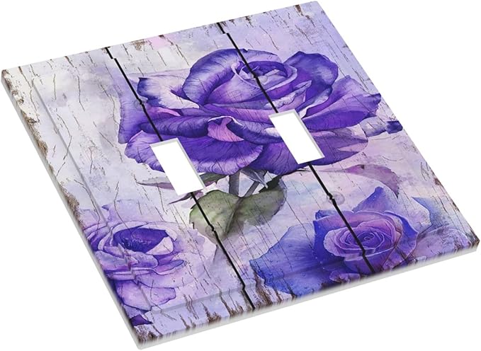 Light Switch Cover Purple Rose Flower Rustic Wood Plank 2 Gang Wall Plate Double Light Switch Plate Toggle Decorative Outlet Covers Electrical Switchplate for Farmhouse Bathroom Decor