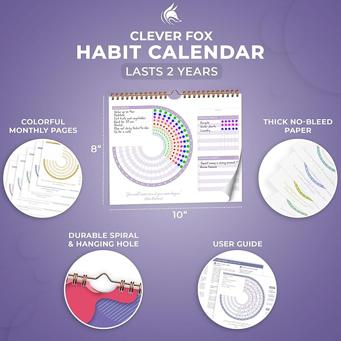 Clever Fox Habit Calendar Circle – 24-Month Inspirational Daily Habit Tracker with Colorful Pages – Routine & Goal Planner Journal (Lavender & Red)