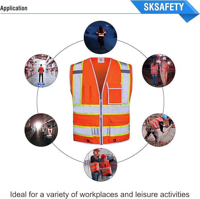 SKSAFETY 10 Pockets Safety Vest, Class 2 High Visibility Security with Zipper, Hi Vis Vest with Reflective Strips, ANSI/ISEA Standard, Construction Work Vest for Men ＆ Women （Orange, L）