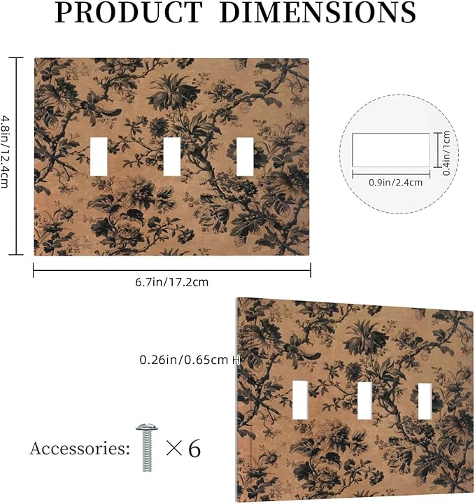 Decorative Switch Plate Covers Vintage Floral Botanical Brown Background 3 Gang Light Switch Cover Plate Triple Toggle Wall Plate Light Switch Covers for Bathroom Bedroom Decor