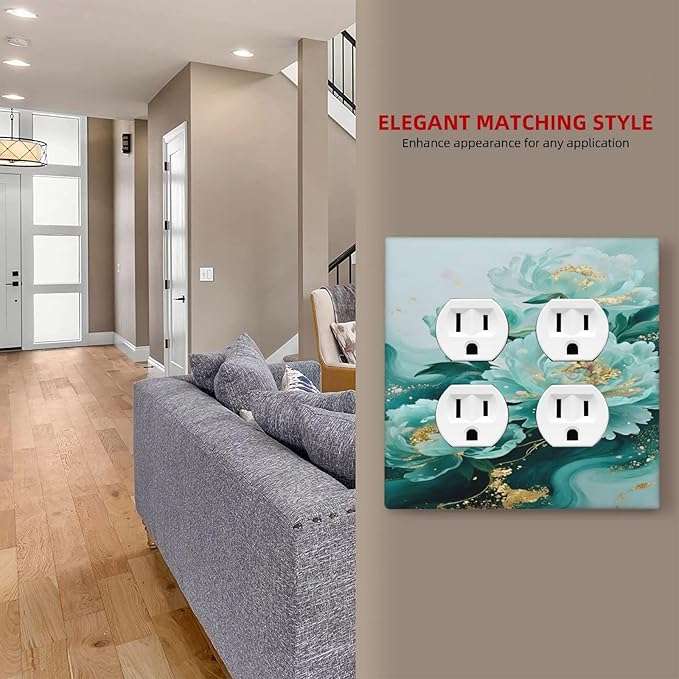 Decorative Switch Plate Covers Gold Green Floral Gilt Marble Flower 2 Gang Outlet Covers Double Duplex Light Switch Cover Plate Gfci Wall Plate for Bathroom Decor