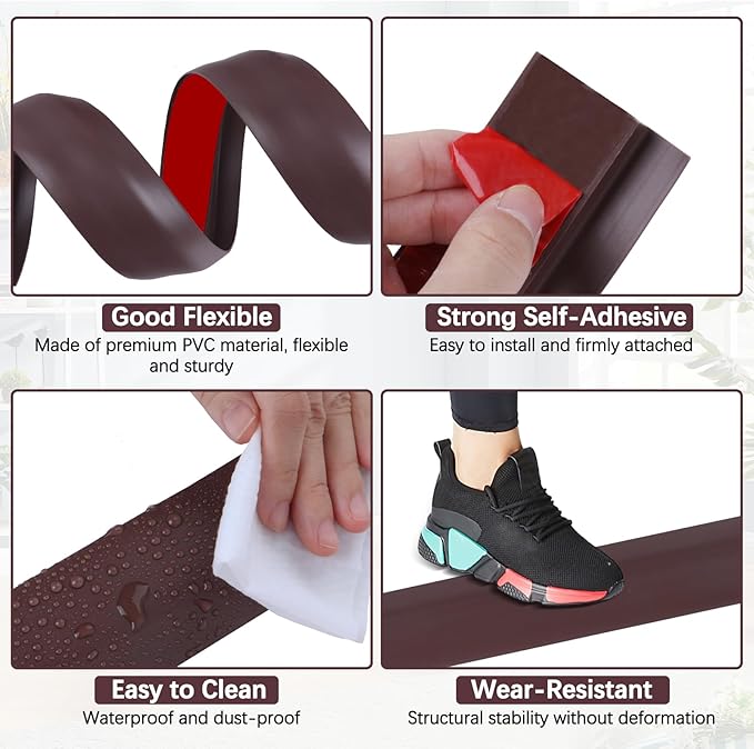 Vinyl Door Threshold Flooring Transition Strip Self Adhesive Carpet Edging Strip for Laminate Doorway Edge Threshold from 1/5" to 2/5" (Coffee, 6.6 Ft)