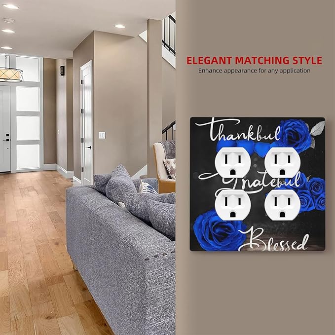 Decorative Light Switch Cover Plate Blue Rose Thankful Grateful Blessed 2 Gang Socket Covers Double Duplex Wallplates Switch Plates and Outlet Covers for Bedroom Bathroom Decor