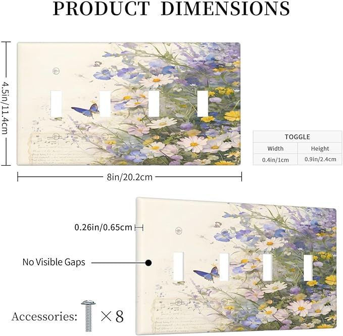 Decorative Switch Plate Covers Purple Flower Butterfly Yellow Daisy 4 Gang Light Switch Cover Plate Quad Toggle Wall Plate Light Switch Covers for Bathroom Decor