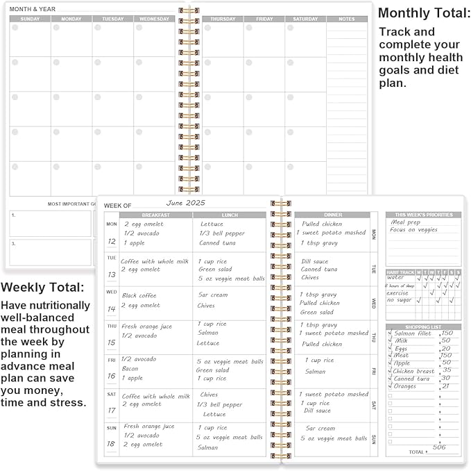 Weekly Meal Planner Notebook,A5 Weekly & Daily Meal Prep Journal with Shopping and Grocery Lists for Menu Planning, Lasts 1 Year, Blue Watercolor