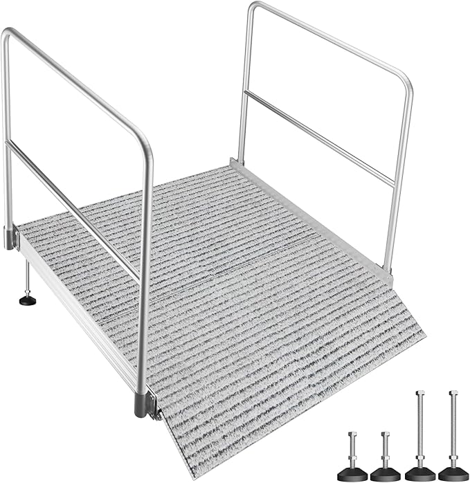 Aluminum Adjustable Threshold Ramp with Detachable Handrail for Wheelchair, 36" x 36" Doorway Ramp with 3.4"–7.2" Rise, Self-Supporting Entry Ramp for Uneven Surfaces, 880lb Capacity with Non-Slip Mat