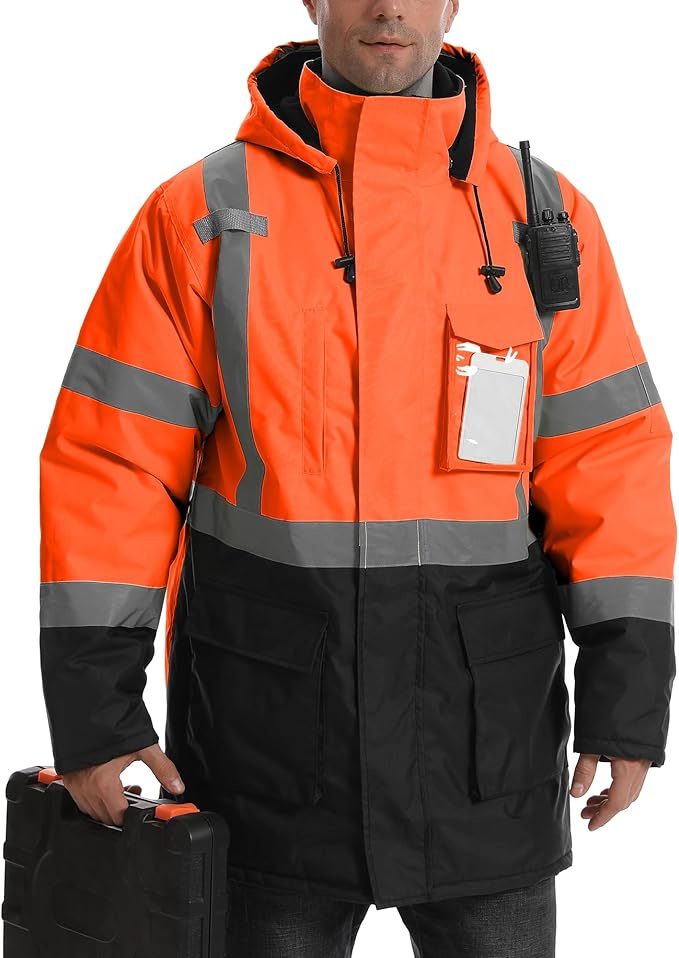 Reflective Jacket, High Visibility Parka, Waterproof Hi Vis, Safety Jacket with Removable Hood and Zipper, ANSI Class 3 (Orange,3XL)