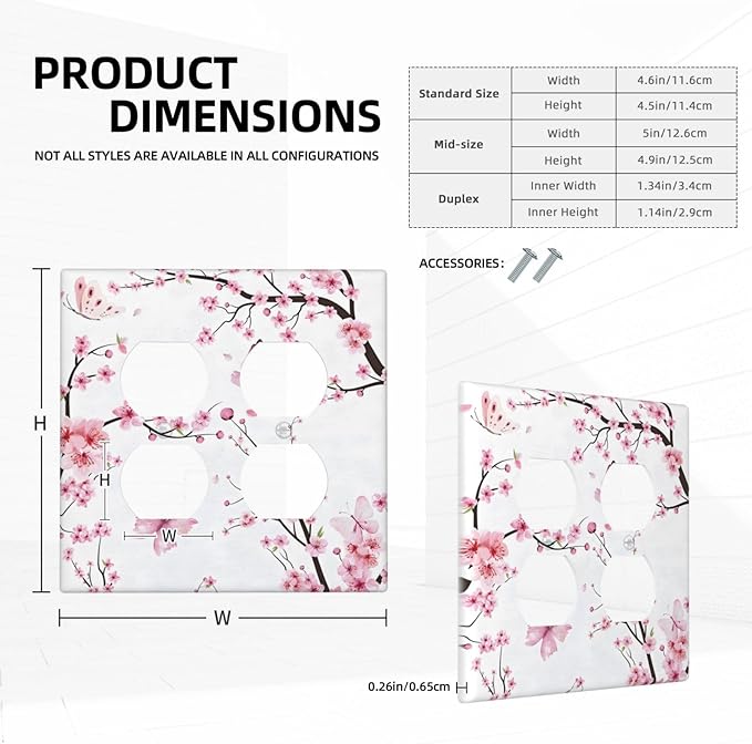 Cherry Floral Watercolor Pink Flowers Butterfly Outlet Covers 2 Gang Double Duplex Decorative Light Switch Covers Electrical Wallplates Socket Faceplate for Bed Room Living Room Decor