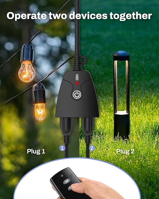 HBN Outdoor Wireless Remote Control Outlet Plug,Weatherproof Heavy Duty Power Strip,Indoor Electrical Plugs for Light Switch,6-inch Cord,100ft Range, ETL Listed(15A,Dual 3-Prong Outlets)